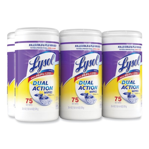 Hand Wipes | LYSOL Brand 19200-81700 1 Ply 7 in. x 7-1/2 in. Dual Action Disinfecting Wipes - Citrus, White/Purple (6/Carton) image number 0