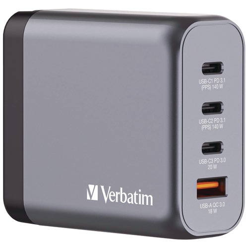 Office Electronics & Batteries | Verbatim 32203 140 W 4-Port GaN Wall Charger - Black/Gray image number 0