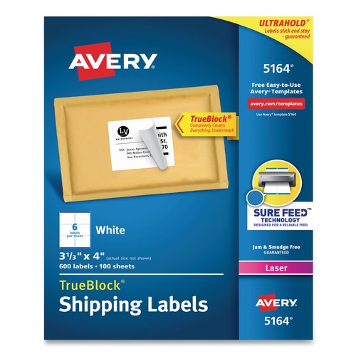  | Avery 05164 3.33 in. x 4 in. Shipping Labels with TrueBlock Technology for Laser Printers - White (6/Sheet, 100 Sheets/Box) image number 0
