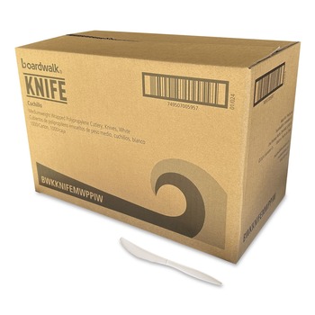 Boardwalk BWKKNIFEMWPPIW 5.86 in. Mediumweight Wrapped Polypropylene Plastic Knife Cutlery - White (1000/Carton)