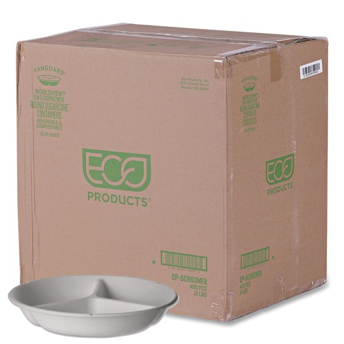 Food Trays, Containers, and Lids | Eco-Products EP-SCR93NFA Vanguard 28 oz. 3-Compartment Bowl Renewable and Compostable Sugarcane Containers - White (400/Carton) image number 0