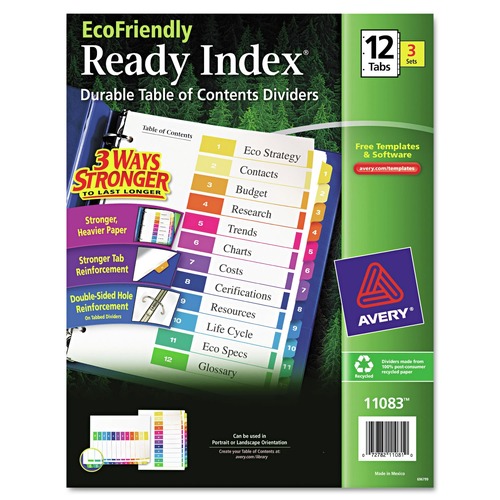 Office Jansan | Avery 11083 Ready Index 11 in. x 8.5 in. 12-Tab 1 to 12 Customizable Table of Contents Dividers with Multicolor Tabs - White (3/Pack) image number 0