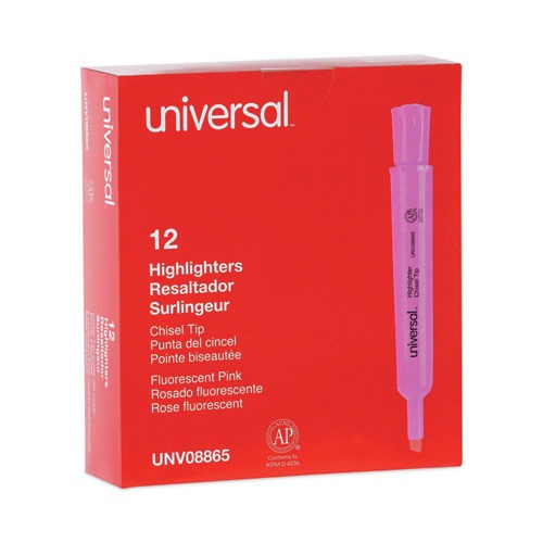 Office Jansan | Universal UNV08865 Fluorescent Ink Chisel Tip, Desk Highlighters - Pink (1 Dozen) image number 0