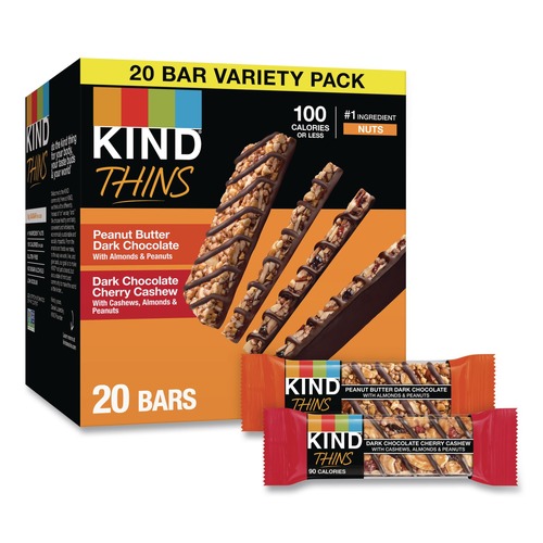 Snacks | KIND 41891 0.74 oz Thins Bar Variety Pack - Dark Chocolate Cherry Cashew/Peanut Butter Dark Chocolate (20/Box) image number 0