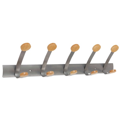 Office Jansan | Alba PMV5 45 lb Capacity 5-Peg Wooden Coat Hook Wall Rack - Brown/Silver image number 0