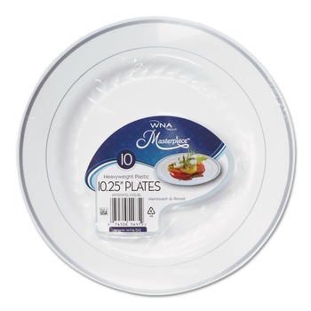WNA RSM101210WS 10.25 in. Diameter Masterpiece Plastic Plates - White/Silver (120/Carton)