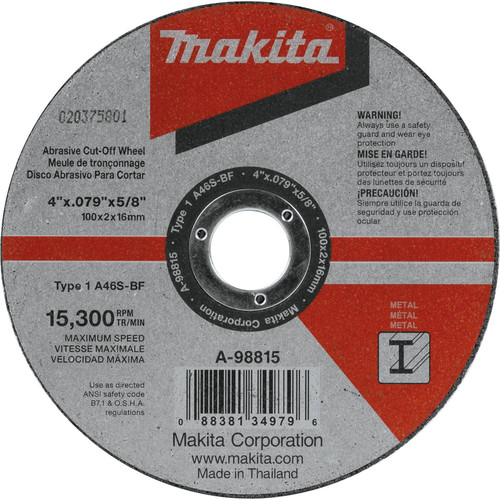 Grinding, Sanding, Polishing Accessories | Makita A-98815 4 in. x .100 in. x 5/8 in. Cut-off Wheel, Metal image number 0