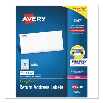 Avery 0.5 in. x 1.75 in. Easy Peel Address Labels with Sure Feed Technology for Laser Printers - White (80/Sheet, 100 Sheets/Box)