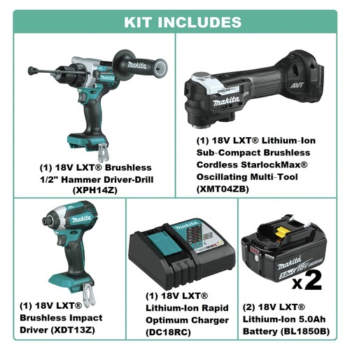 Makita 18V LXT Brushless Lithium Ion Cordless Hammer Drill and Impact Driver Combo Kit with 2 Batteries and StarlockMax Oscillating Multi Tool Bundle 5 Ah