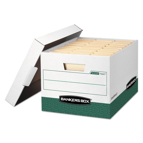 Office Jansan | Bankers Box 07241 12.75 in. x 16.5 in. x 10.38 in. R-KIVE Heavy-Duty Letter/Legal Storage Boxes - White/Green (12/Carton) image number 0