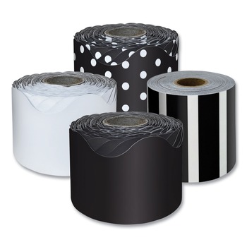 Carson-Dellosa 2.25 in. x 65 ft. Rolled Scalloped Border Set with 2 Solid Colors, 1 Horizontal Stripes, and 1 Polka Dots - Assorted Colors (4/Set)