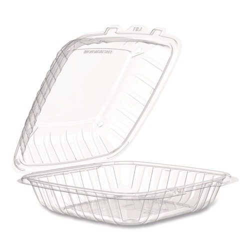 Food Trays, Containers, and Lids | Dart 90PPHT1 9 in. x 8.75 in. x 3 in. ProPlanet Microwaveable Plastic Hinged Containers - Clear (150/Carton) image number 0