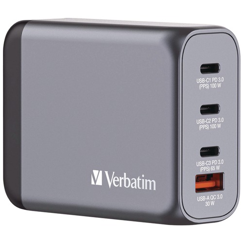 Office Electronics & Batteries | Verbatim 32202 100 Watts 4-Port GaN Wall Charger - Black/Gray image number 0