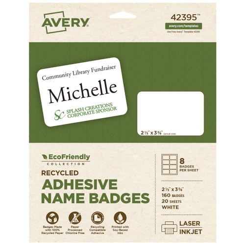 Office Jansan | Avery 42395 3.38 in. x 2.33 in. EcoFriendly Adhesive Name Badge Labels - White (160/Box) image number 0