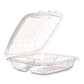 Food Trays, Containers, and Lids | Dart 90PPHT3 9 in. x 8.75 in. x 3 in. 3-Compartments ProPlanet Microwaveable Plastic Hinged Containers - Clear (150/Carton) image number 0