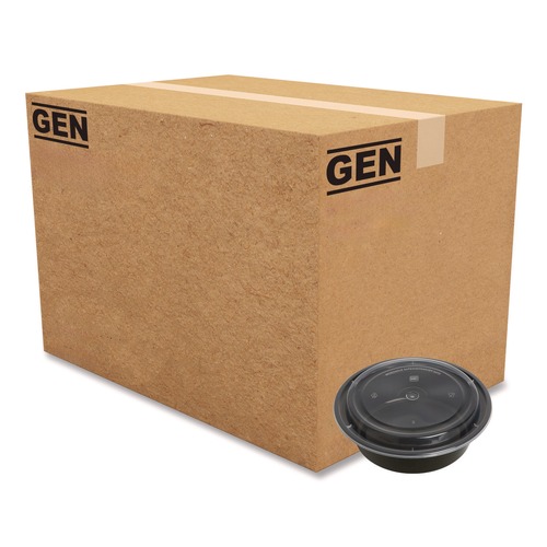 Food Trays, Containers, and Lids | GEN FCPP-BC-32RND 7.28 in. x 7.28 in. x 2.55 in. 32 oz. Plastic Microwavable Food Container with Lid - Round Black/Clear (150/Carton) image number 0