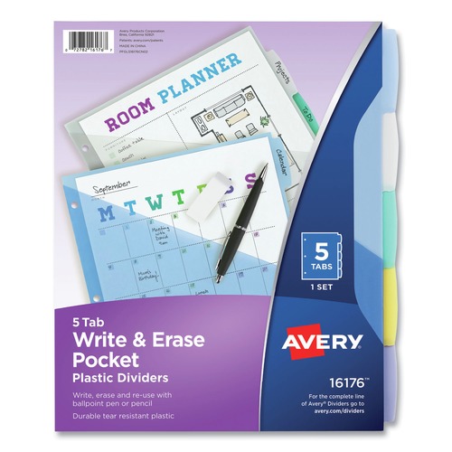Office Jansan | Avery 16176 Write and Erase 11.13 in. x 9.25 in. 5-Tab 3-Hold Punched Durable Plastic Dividers with Slash Pocket - Assorted (1-Set) image number 0