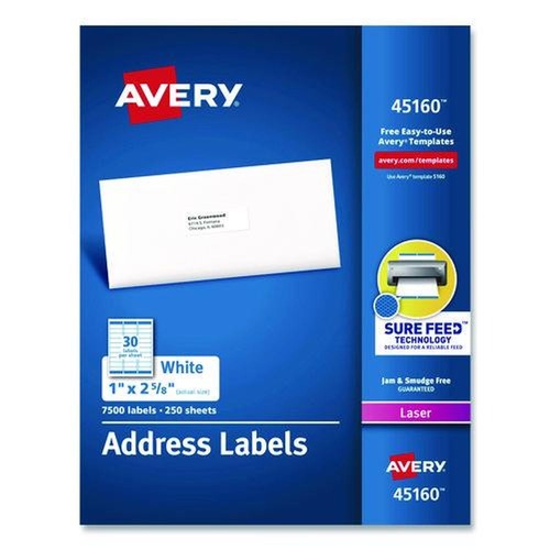 Office Jansan | Avery 45160 1 in. x 2.63 in. Address Labels with Sure Feed Technology for Laser Printers - White (30/Sheet, 250 Sheets/Box) image number 0