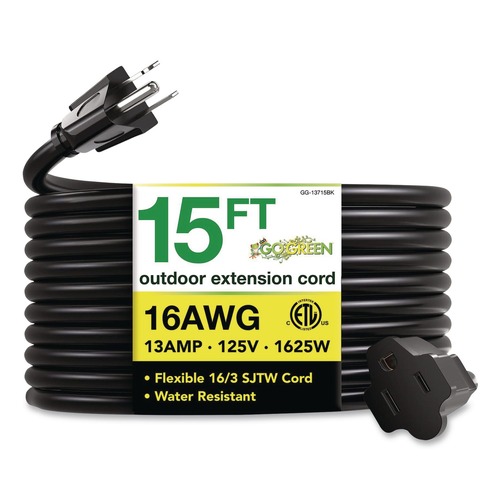 Office Electronics & Batteries | GoGreen Power GG-13715BK 16 AWG Outdoor Extension Cord, 15 ft, 13 A, Black image number 0