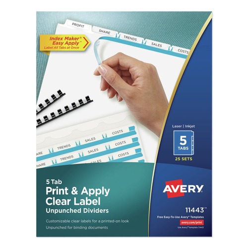 Office Jansan | Avery 11443 Index Maker 11 in. x 8.5 in. 5-Tab Print and Apply Clear Label Unpunched Dividers - White (25/Box) image number 0