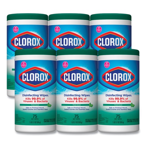 Clorox 01656 Disinfecting Wipes, Fresh Scent, 7 X 8, White (75/Canister, 6 Canisters/Carton) image number 0