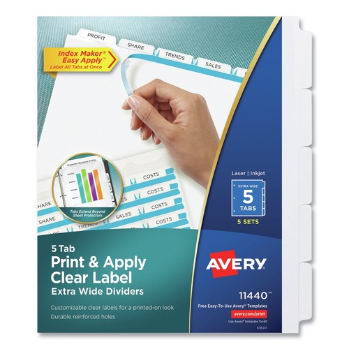 Office Jansan | Avery 11440 Index Maker 11.25 in. x 9.25 in. 5-Tab Extra Wide Tab Print and Apply Clear Label Dividers - White/White Tabs (5/Pack) image number 0