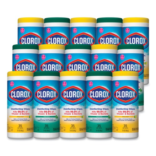 Cleaning & Janitorial Supplies | Clorox 30112 7 in. x 8 in. 1-Ply Disinfecting Wipes - Fresh Scent/Citrus Blend (35/Canister, 3/Pack, 5 Packs/Carton) image number 0