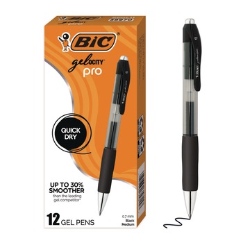 BIC Medium 0.7 mm Gel-ocity Pro Quick Dry Retractable Gel Pen - Black Ink, Black/Clear Barrel (12/Pack)