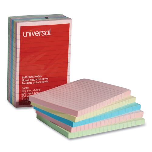 Office Jansan | Universal UNV35616 100 Sheet Lined 4 in. x 6 in. Self-Stick Note Pads - Assorted Pastel Colors (5/Pack) image number 0