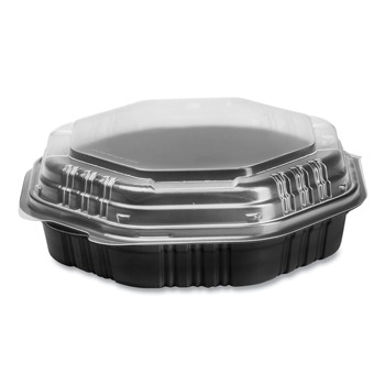 SOLO OctaView 9.55 in. x 9.1 in. x 3 in. 31 oz. Plastic Hinged-Lid Hot Food Containers - Black/Clear (100/Carton)