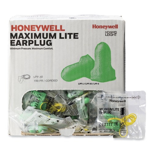 Ear Protection | Howard Leight by Honeywell LPF-30 30NRR MAXIMUM Lite Corded Single-Use Earplugs - Green (100/Box) image number 0