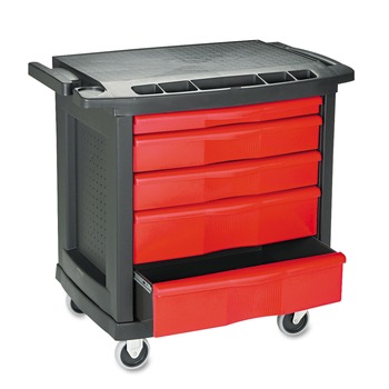 Rubbermaid Commercial FG773488BLA Five-Drawer 32.63 in. x 19.9 in. x 33.5 in. Mobile Workcenter - Black/Red