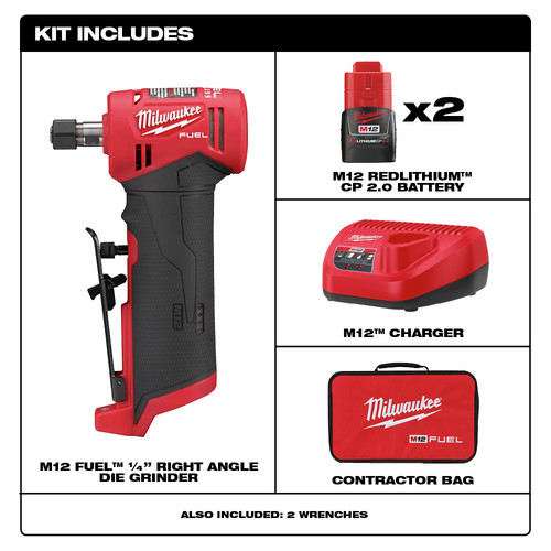 Milwaukee 2485 22 M12 Fuel Lithium Ion Right Angle Die Grinder Kit 2 Ah Cpo Outlets