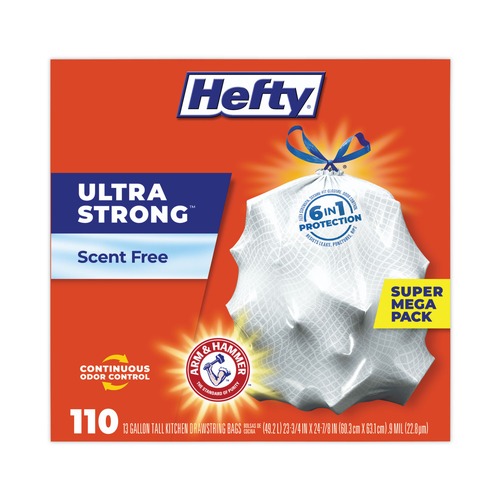 Cleaning & Janitorial Supplies | Hefty E3-3368 23.75 in. x 24.88 in. 13 gal. Ultra Strong Drawstring Tall Kitchen Trash Bags - White (330/Carton) image number 0