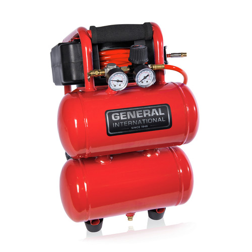 Portable Air Compressors | General International AC1212 1/3 HP 2 Gal. Twin Stack Air Compressor with 25 ft. Auto Rewind Hose Reel image number 0