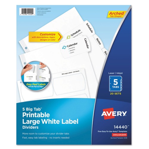  | Avery 14440 11 in. x 8.5 in. 5 Big Tab Printable Large White Label Tab Dividers - White (20/PK) image number 0