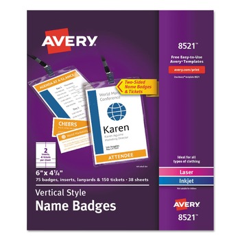 Avery 08521 Top-Load 4.25 in. x 6 in. Lanyard Style Badge Holders - White/Clear (75-Piece/Pack)