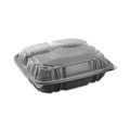Food Service | Pactiv Corp. DC109330B000 34 oz. 3 Compartment Base/Lid 10.5 in. x 9.5 in. x 3 in. Vented Dual Color Microwavable Plastic Hinged Lid Container - Black/Clear image number 1