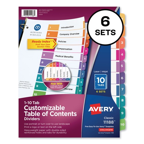 Office Jansan | Avery 11188 Ready Index 11 in. x 8.5 in. 10-Tab 1 to 10 Customizable TOC Dividers - Multicolor Tabs/White (6/Pack) image number 0