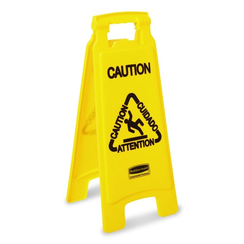 Safety Equipment | Rubbermaid Commercial FG611200YEL 11 in. x 12 in. x 25 in. Multilingual "Caution" Floor Sign - Bright Yellow image number 0