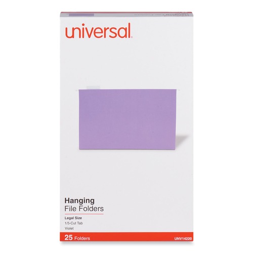  | Universal UNV14220 Deluxe Bright Color Legal Size 1/5-Cut Tab Hanging File Folders - Violet (25/Box) image number 0