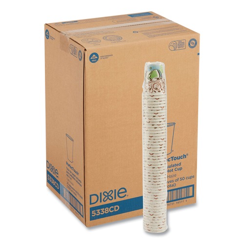 Labor Day Sale! Save $30 off $199! | Dixie 5338CD PerfecTouch 8 oz. Paper Hot Cups - Coffee Haze Design (50/Sleeve, 20 Sleeves/Carton) image number 0