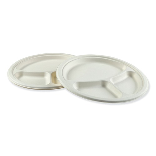 Boardwalk PL-11BW 3 Compartment 10 in. Bagasse Dinner Plates - White (500-Piece/Carton) image number 0