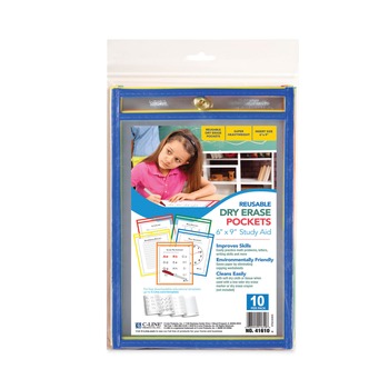 C-Line Super Heavy-Duty Top Load 6 in. x 9 in. Insert Reusable Dry Erase Pockets - Clear Front, Assorted Border Colors (10/Pack)