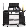 Cleaning Carts | Rubbermaid Commercial 2202587 24.4 in. x 62.4 in. x 56.9 in. 4-Shelf Housekeeping Cart with Hood and Doors - Black image number 6