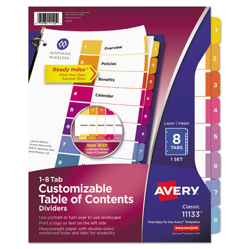 Office Jansan | Avery 11133 Ready Index 11 in. x 8.5 in. 8-Tab 1 to 8 Customizable TOC Multicolor Tab Dividers - White/Traditional Color Tabs (1-Set) image number 0
