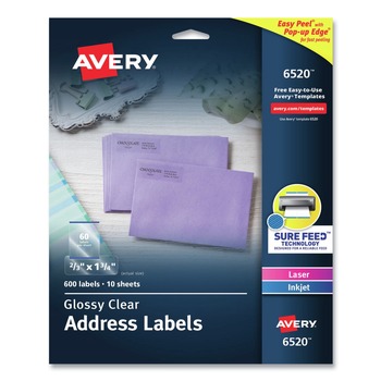 Avery Easy Peel 0.66 in. x 1.75 in. Mailing Labels with Sure Feed Technology - Glossy Clear (60/Sheet, 10 Sheets/Pack)
