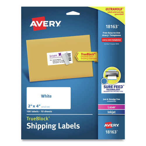 Office Jansan | Avery 18163 2 in. x 4 in. Shipping Labels with TrueBlock Technology - White (100/Pack) image number 0