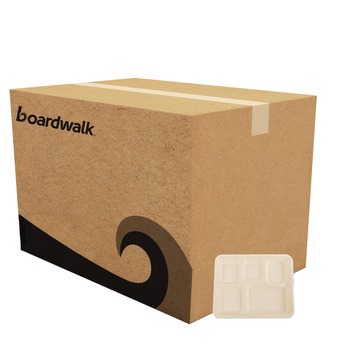 Boardwalk 8.26 in. x 0.98 in. x 10.9 in. 5-Compartment Bamboo/Sugarcane Bagasse PFAS-Free Food Tray - Tan (500/Carton)