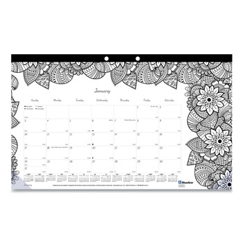 Blueline 12-Month (Jan to Dec): 2026 17.75 in. x 10.88 in. Monthly Coloring Artwork Desk Pad Calendar - Black Binding/Clear Corners